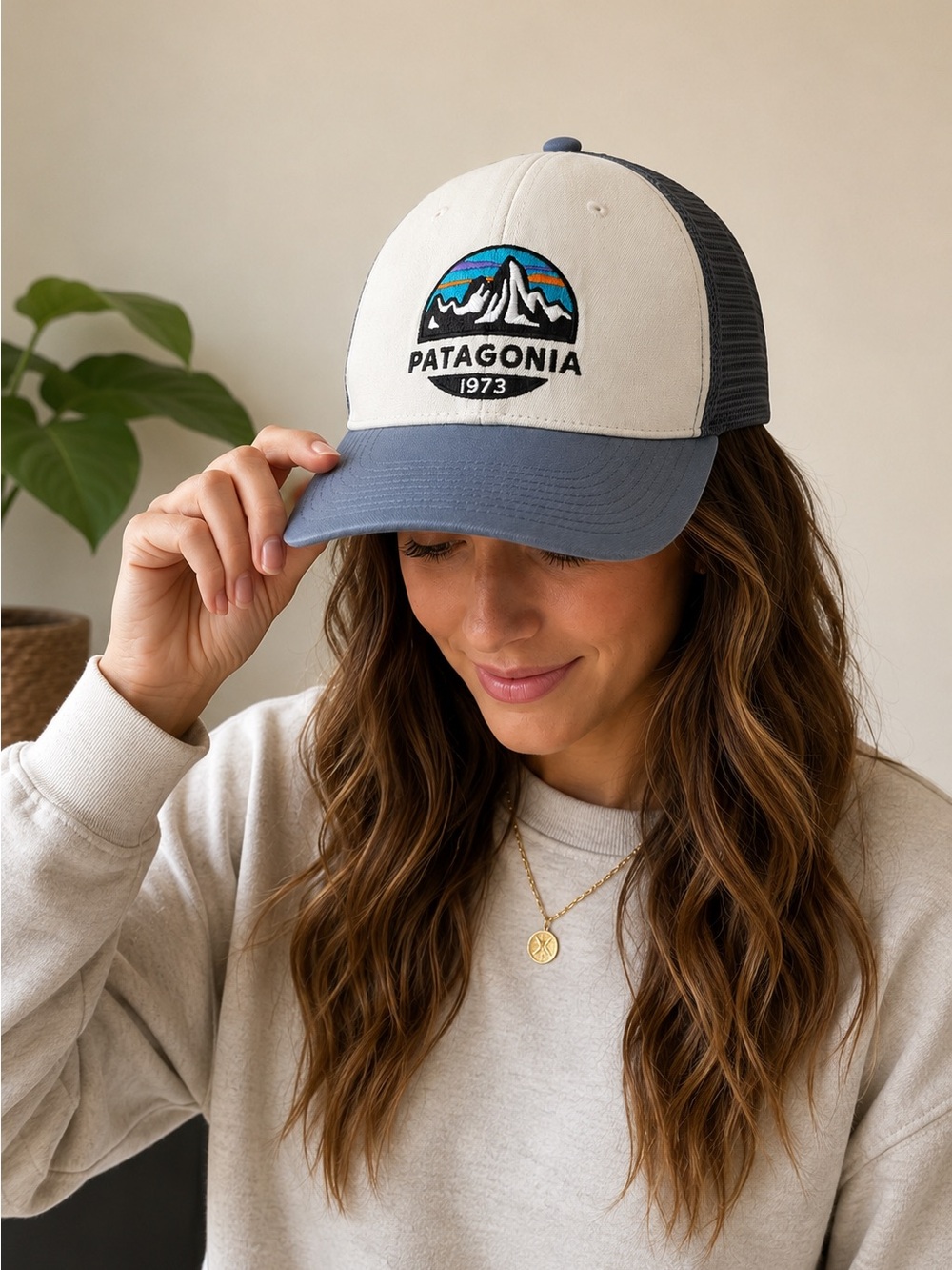 Patagonia Blue and White Trucker Hat with Mountain Patch
